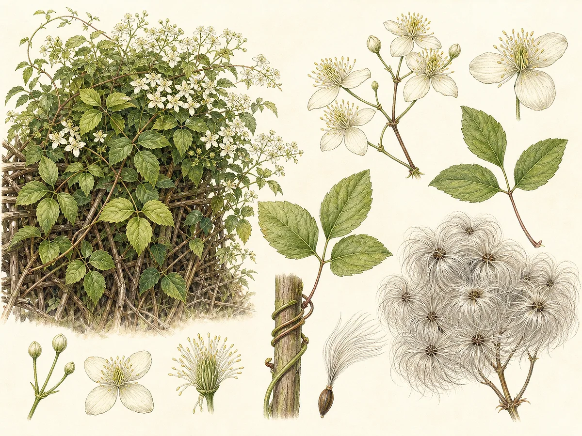 Prancha botânica de Clematis vitalba com caules lenhosos trepadores, folhas pinadas de pecíolos volúveis, flores creme de quatro sépalas e frutos plumosos prateados