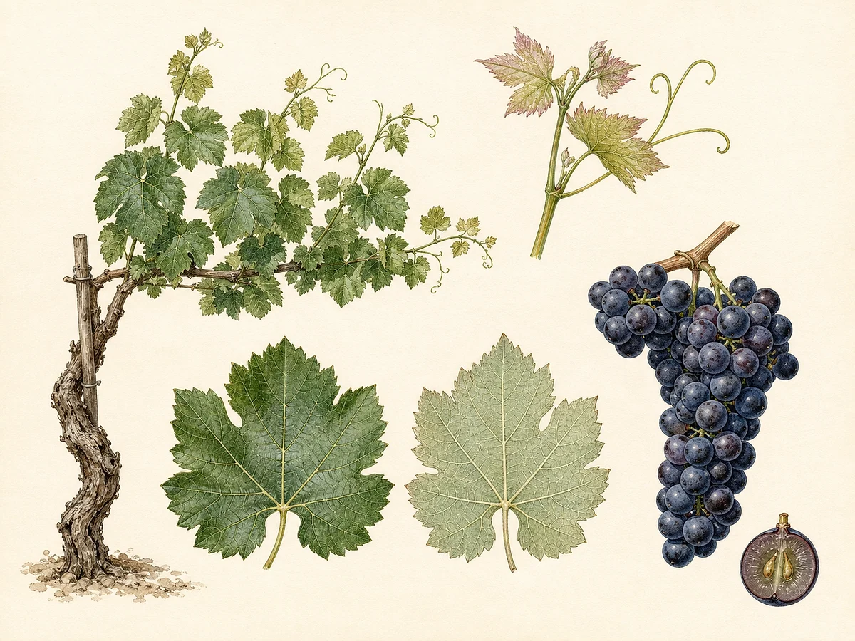 Prancha ampelográfica documental da videira Cabernet-Sauvignon com hábito conduzido, folha, cacho e bagos escuros
