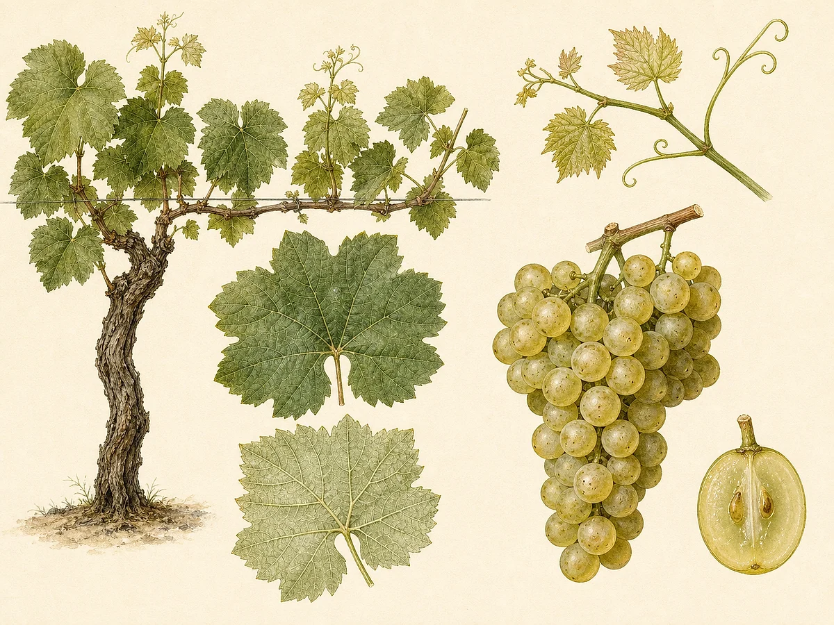 Prancha ampelográfica documental da videira Chenin com hábito conduzido, folha, cacho e bagos claros