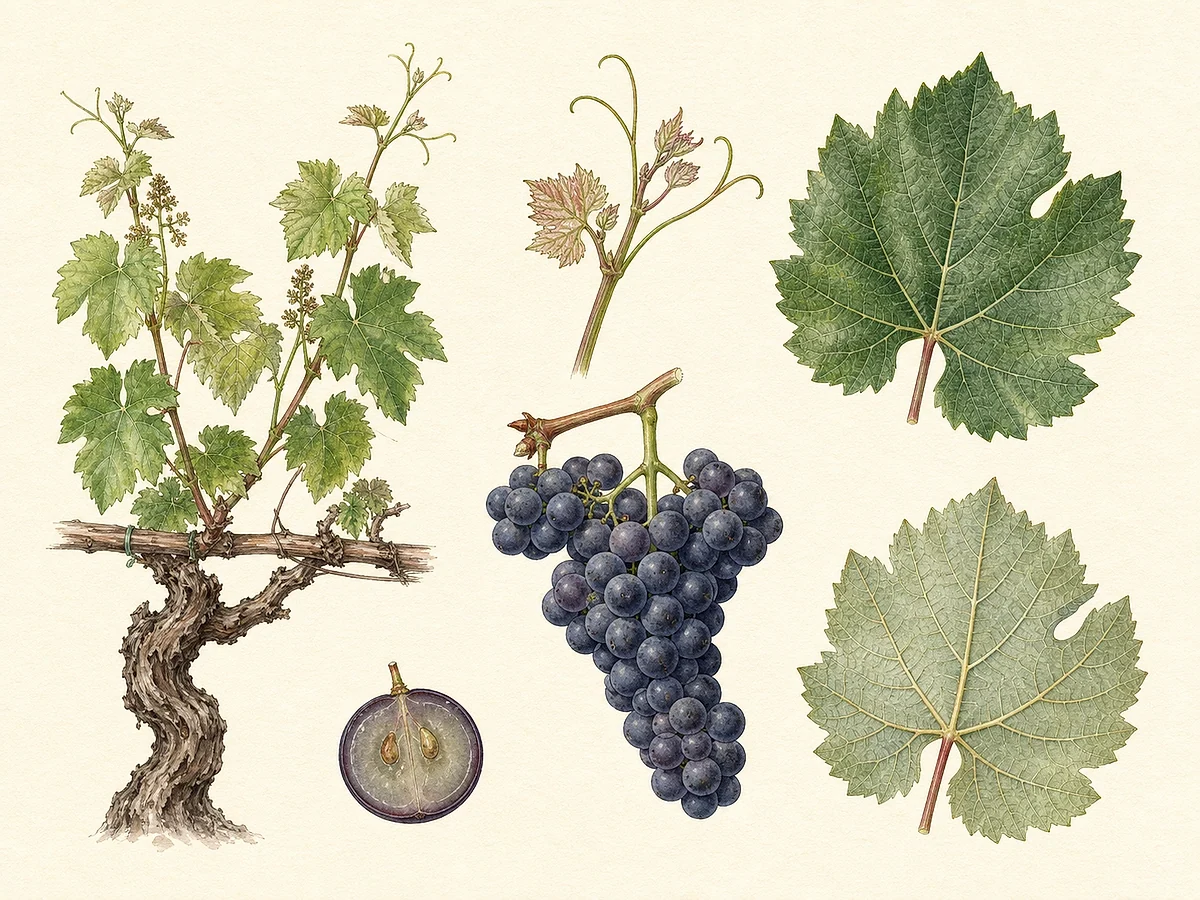Prancha ampelográfica documental da videira Merlot com hábito conduzido, folha, cacho e bagos escuros