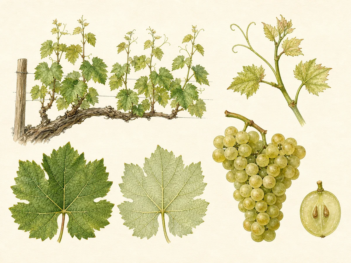 Prancha ampelográfica documental da videira Sauvignon com hábito conduzido, folha, cacho e bagos claros