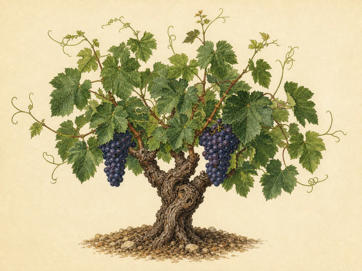 Ilustração botânica de uma videira conduzida em taça com cachos de uvas tintas