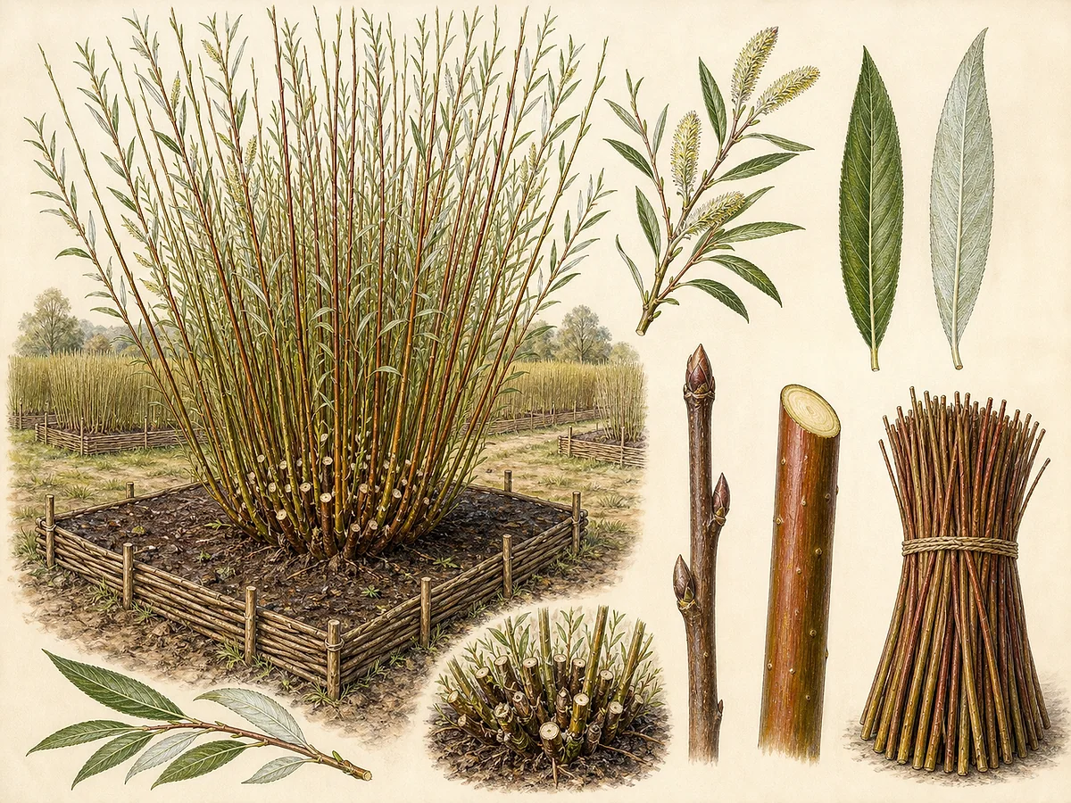 Prancha botânica de Salix viminalis com touça de varas longas flexíveis, folhas estreitas prateadas por baixo, amentilhos, estaca e feixe de vimes colhidos