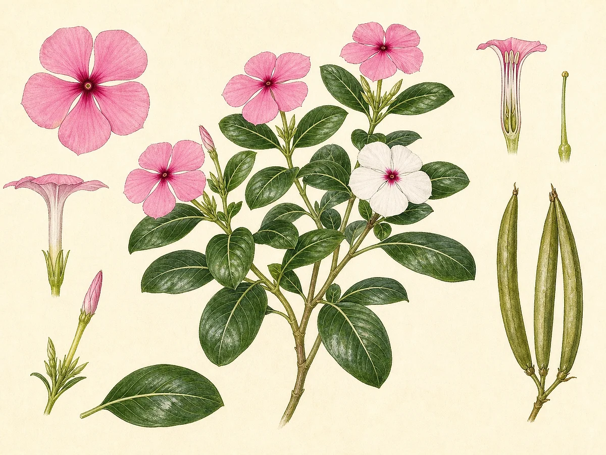 Prancha botânica de Catharanthus roseus com folhas opostas de nervura clara, flores rosadas e brancas e folículos