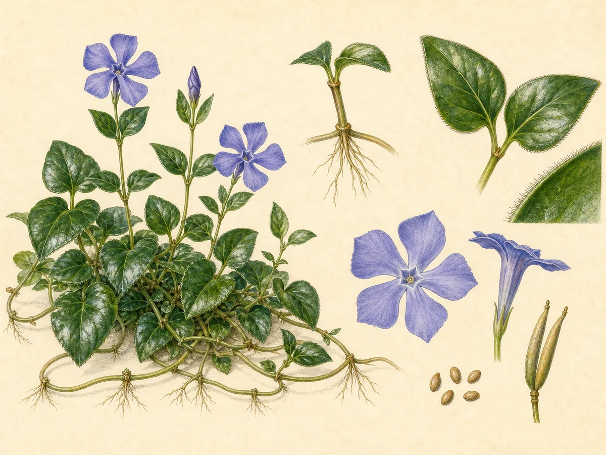 Prancha ilustrada de Vinca major com tapete de estolhos rastejantes, folhas opostas cordiformes grandes de margem ciliada, flores violeta em cata-vento e par de folículos cilíndricos