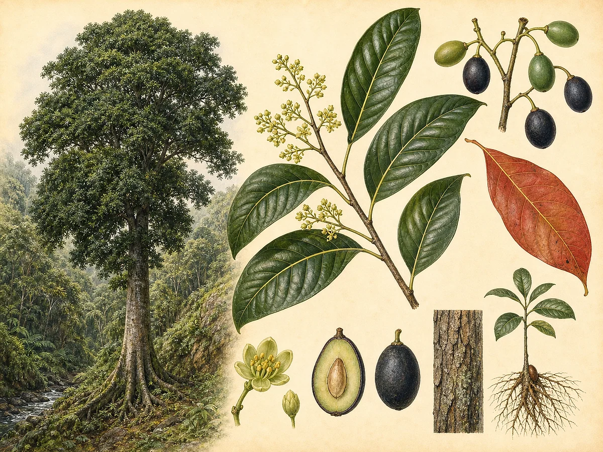 Prancha botânica de Persea indica com árvore de vale húmido, folhas grandes alternas e uma folha avermelhada, flores, drupas escuras, casca e raízes