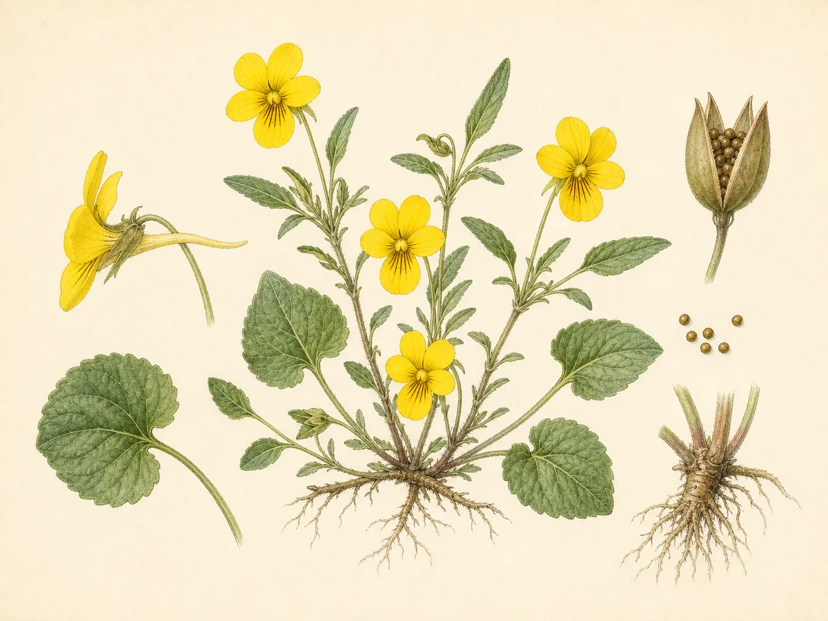 Prancha botânica de Viola paradoxa com hábito baixo, folhas basais, flores amarelas esporadas com nervuras escuras, cápsula, sementes e raiz