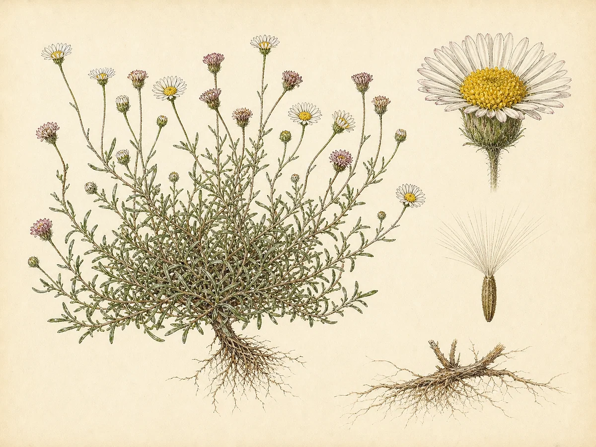 Prancha botânica de Erigeron karvinskianus com tapete de caules finos, folhas estreitas, capítulos brancos que ficam rosados e aquénios com papilho