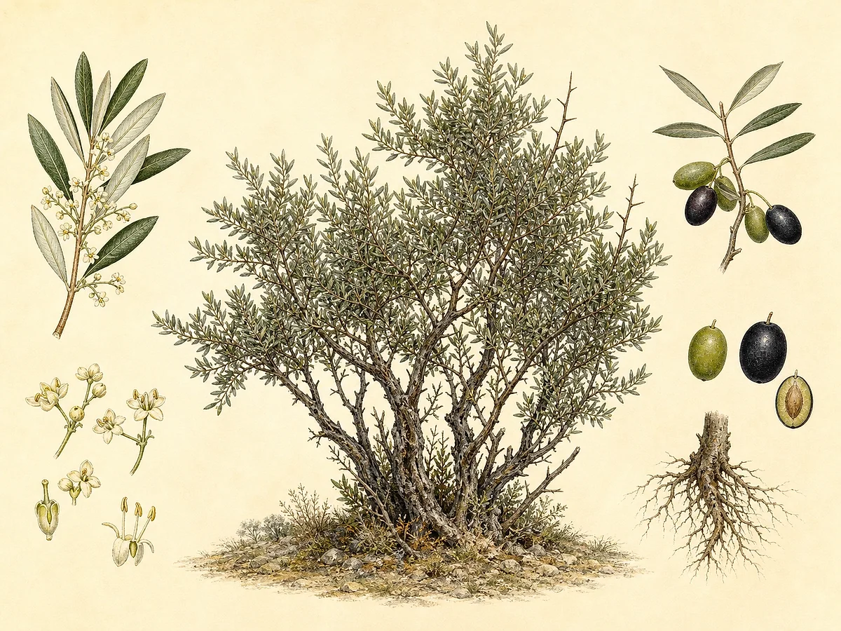 Ilustração botânica de zambujeiro com copa irregular, ramos espinhosos, folhas pequenas prateadas, flores e azeitonas silvestres