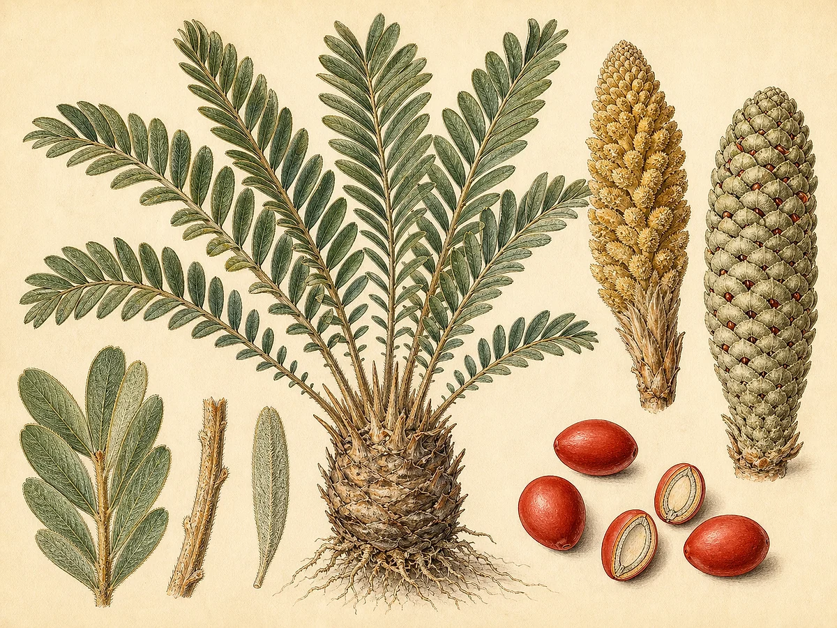 Prancha botânica de Zamia furfuracea com caule curto, folhas pinadas coriáceas, cones masculino e feminino e sementes vermelhas
