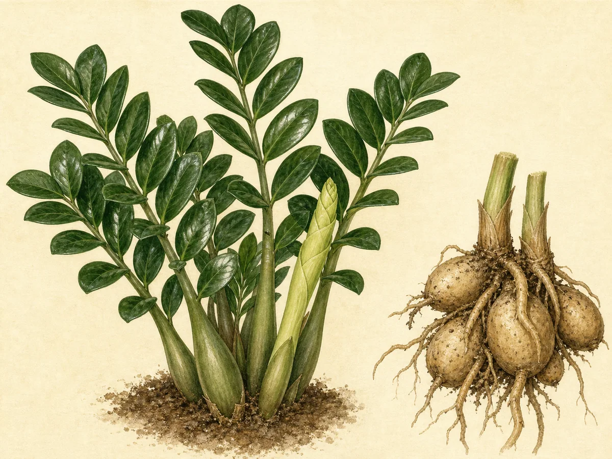 Ilustração botânica de uma zamioculca com folhas pinadas brilhantes, pecíolos grossos e rizomas tuberosos