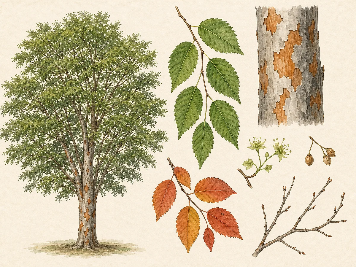 Prancha botânica de Zelkova serrata com copa ampla em vaso, casca exfoliante mosqueada, folhas ovais serradas de base simétrica e pequenas drupas secas