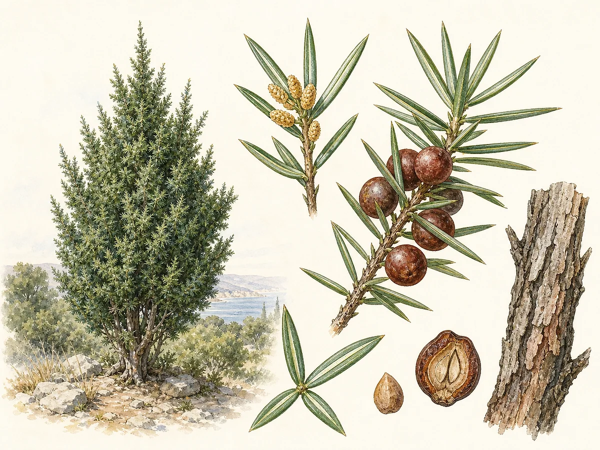 Prancha botânica de Juniperus oxycedrus subsp. oxycedrus com pequena árvore de copa cónica, folhas rígidas em verticilos de três com duas faixas brancas, cones masculinos e gálbulos castanho-avermelhados