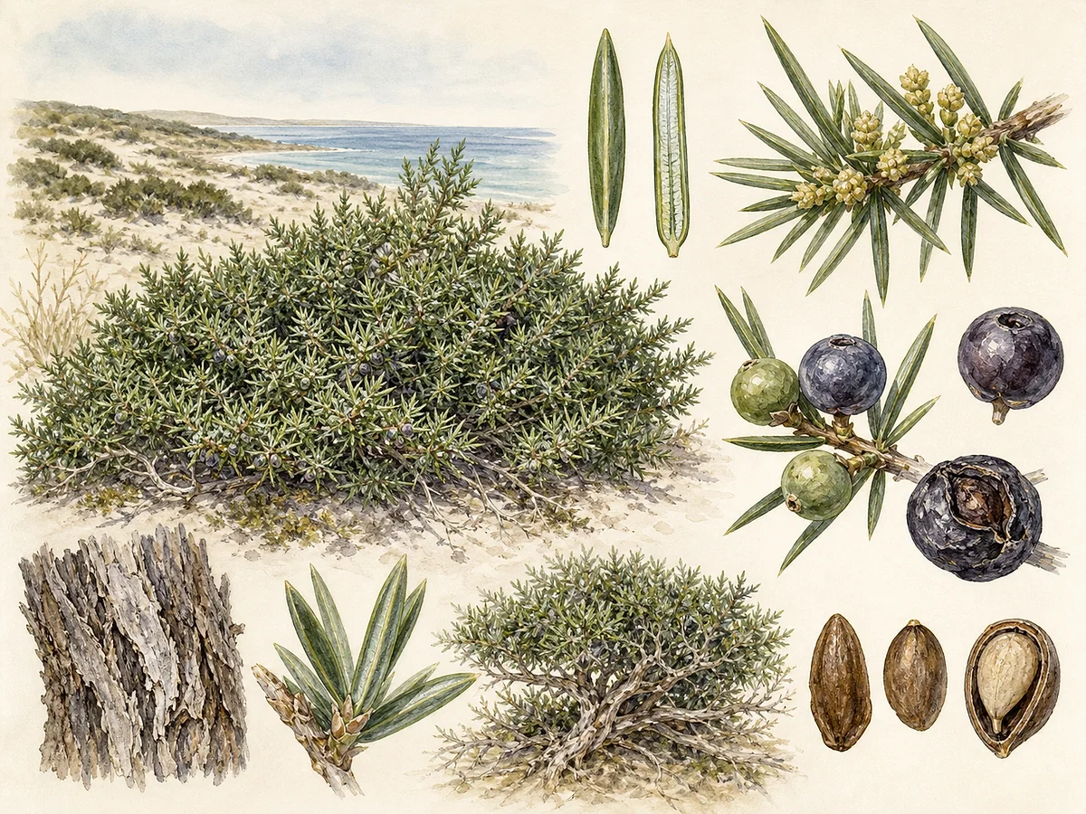 Prancha botânica de Juniperus navicularis com arbusto dunar, ramos densos, folhas juvenis em forma de agulha com faixa clara, cones masculinos e gálbulos maduros
