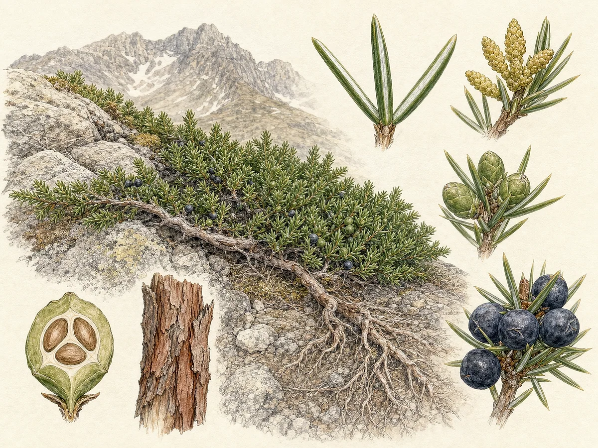 Prancha botânica de Juniperus communis subsp. alpina com porte prostrado, ramos densos, folhas aciculares com faixa branca e gálbulos azul-escuros