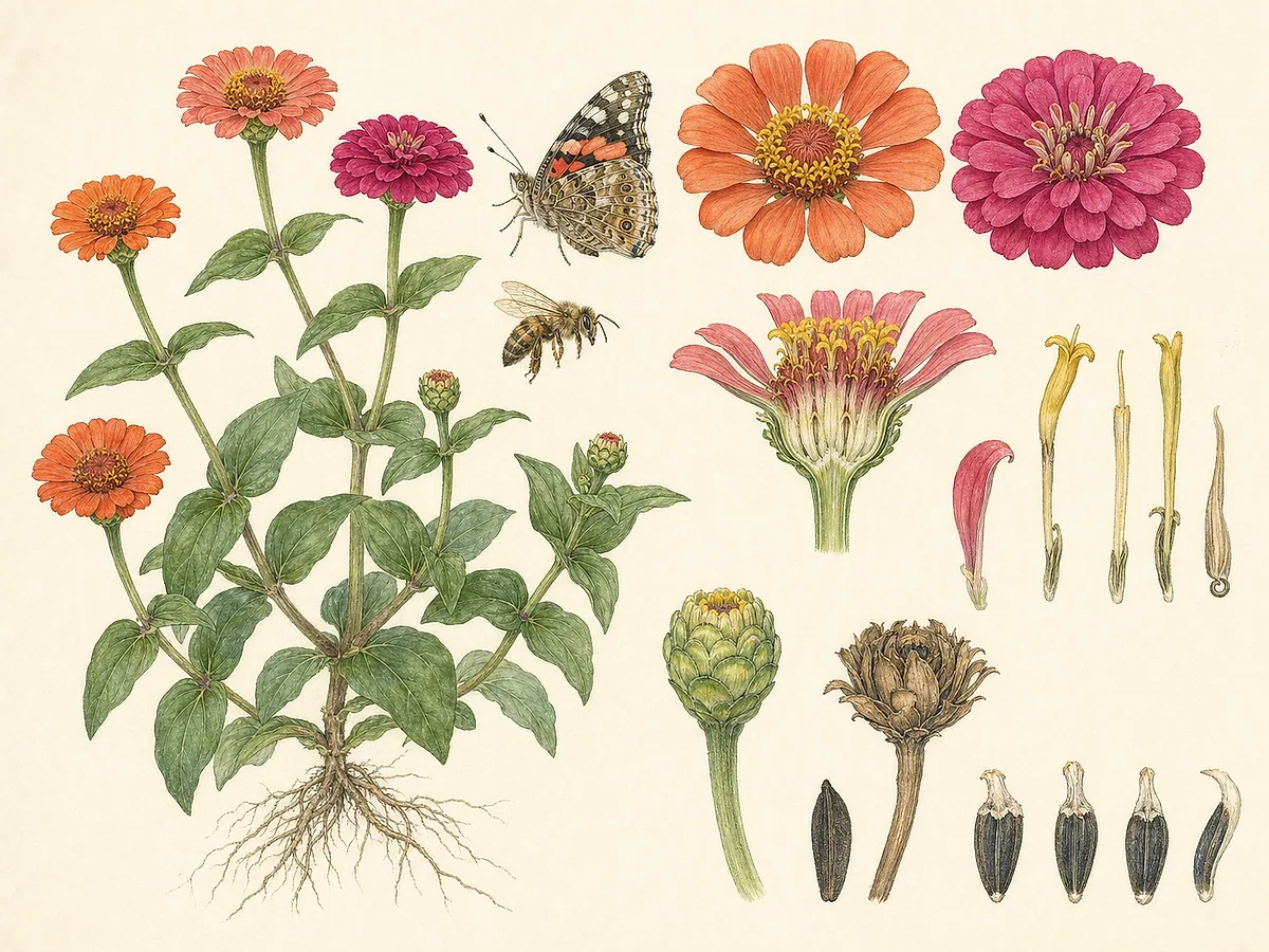 Ilustração botânica de zínia com folhas opostas ásperas, capítulos simples coral de disco amarelo, brácteas sobrepostas, aquénios e raiz