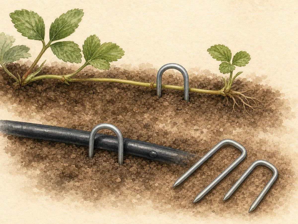 Ilustração de agrafos largos em U para fixar estolhos e mangueira de rega ao solo sem esmagar plantas