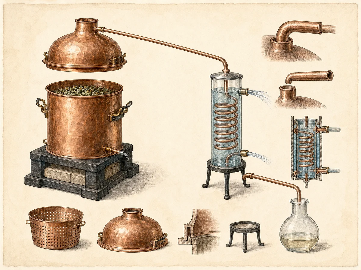 Ilustração técnica de um pequeno alambique de cobre para hidrodestilação com caldeira, capitel, tubo, condensador em água e frasco recetor