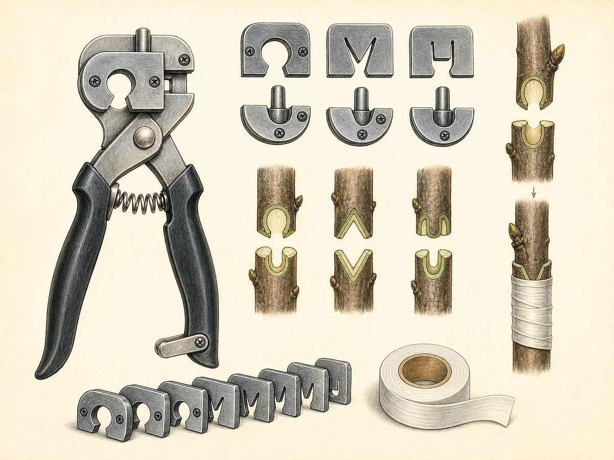 Ilustração de alicate manual de enxertia com matrizes substituíveis em V e ómega, mola, fecho, fita de enxertia e ramos de prática