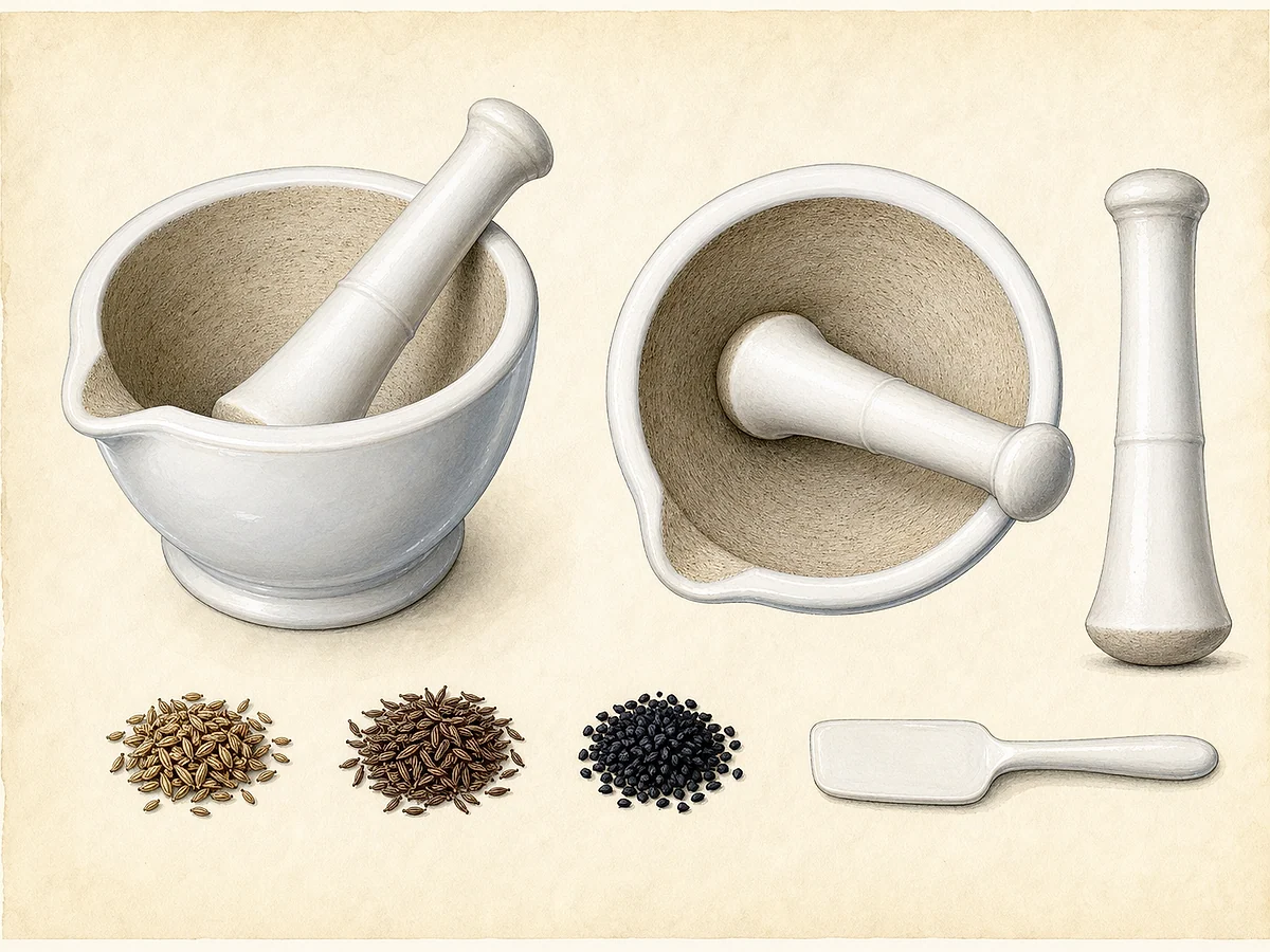 Ilustração de um almofariz pesado de porcelana não vidrada no interior com pilão, pequena porção de sementes e espátula