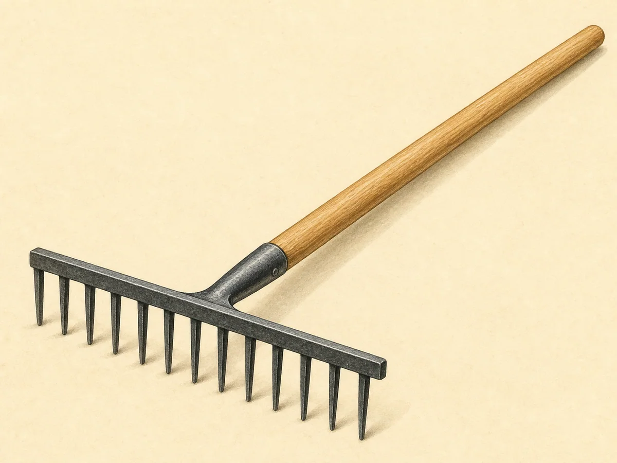 Ilustração de um ancinho de jardim com doze dentes de aço e cabo comprido de madeira