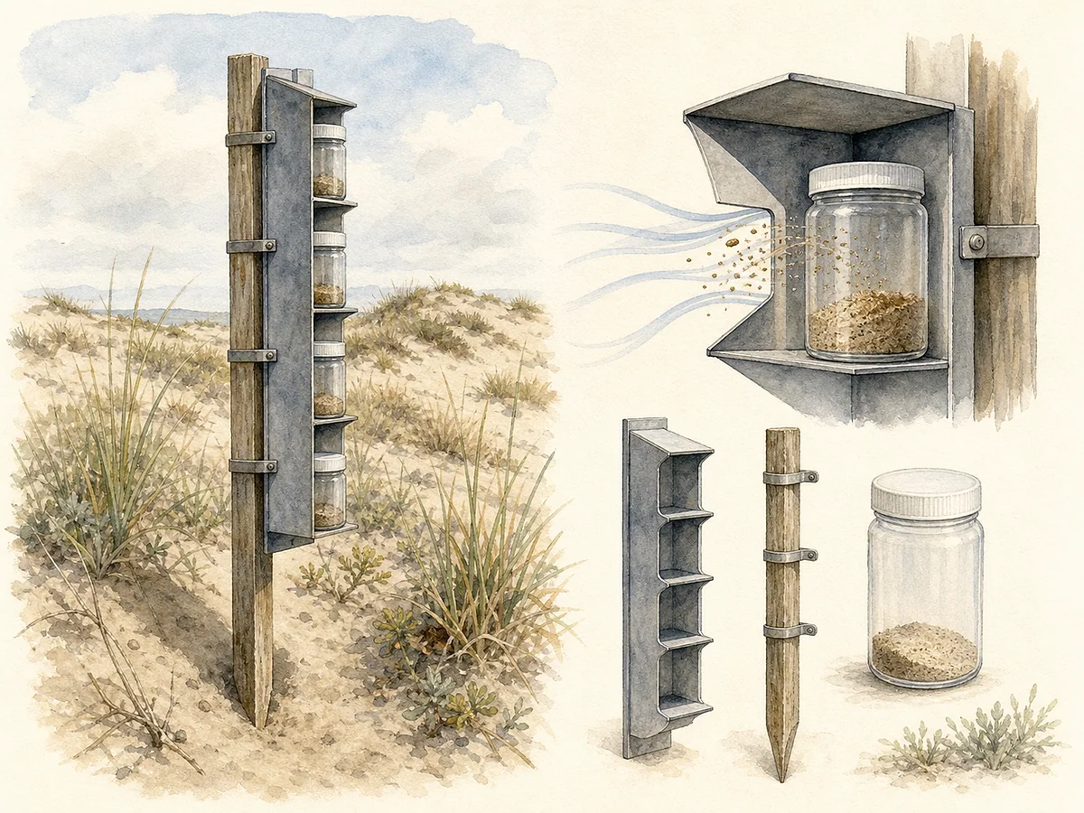 Prancha técnica de coletor passivo vertical de areia com entrada estreita, câmaras a várias alturas, estaca graduada, frascos de amostra e instalação autorizada em duna