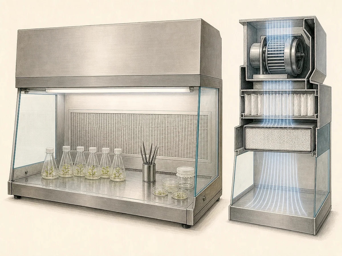 Prancha técnica de bancada de fluxo laminar horizontal com filtro HEPA, superfície inoxidável, frascos de cultura fechados, pinças esterilizadas e direção de ar limpa