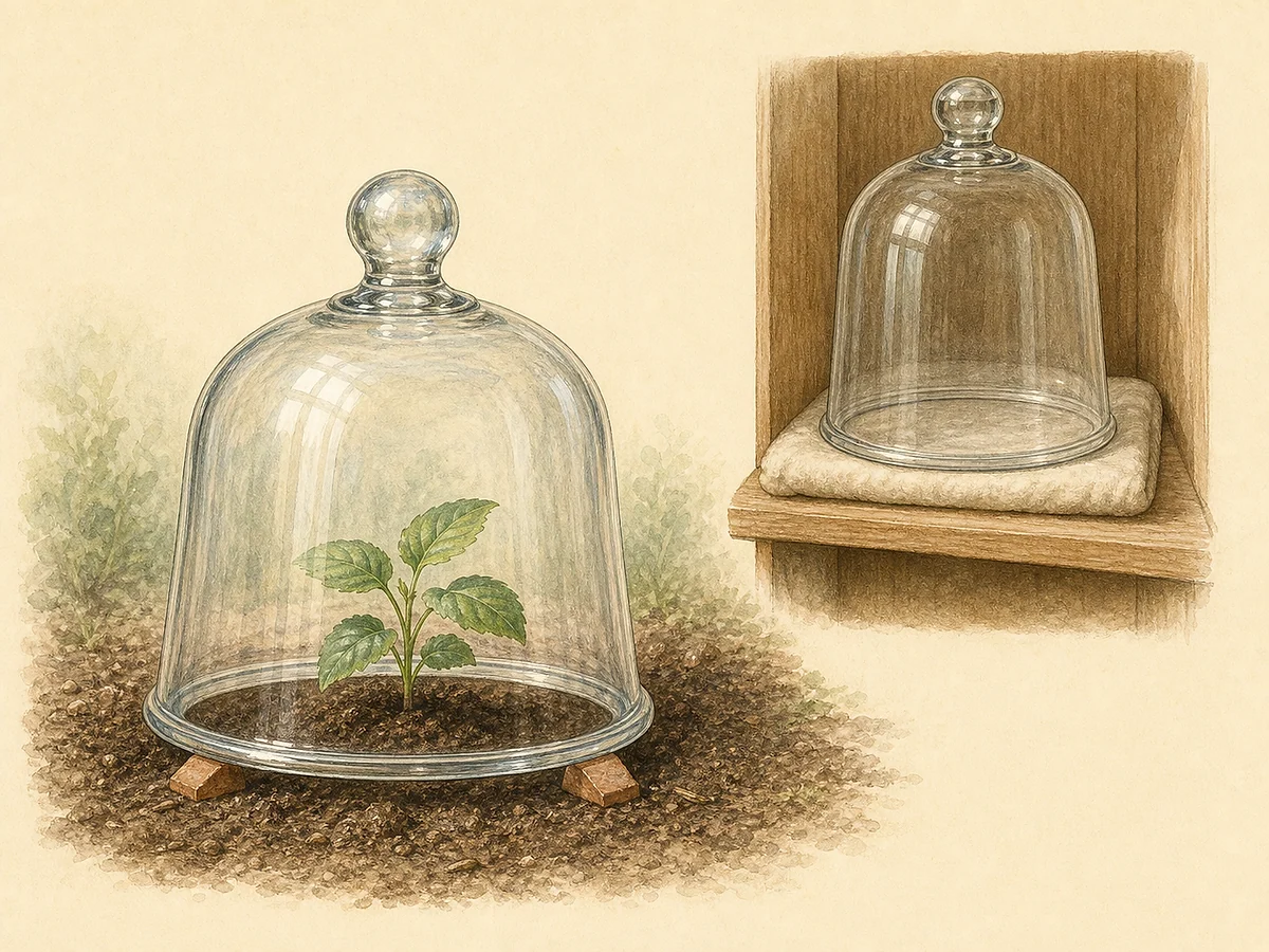 Ilustração de uma campânula hortícola transparente em forma de sino, com botão superior, calços de ventilação e pequena planta protegida