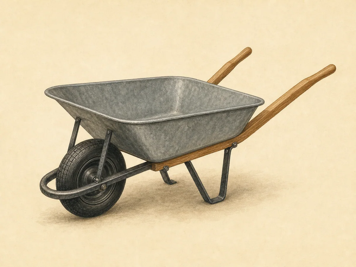 Ilustração de um carrinho de mão galvanizado com uma roda e pegas de madeira