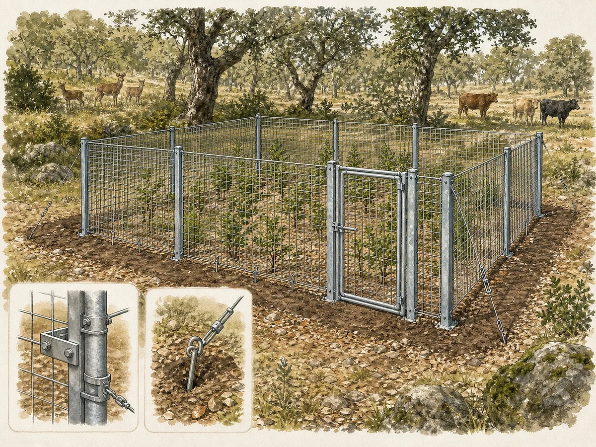 Prancha técnica de pequeno cercado florestal modular com painéis rígidos, postes, portinhola, estacas visíveis, faixa livre no solo e plântulas de carvalho protegidas de gado e veados
