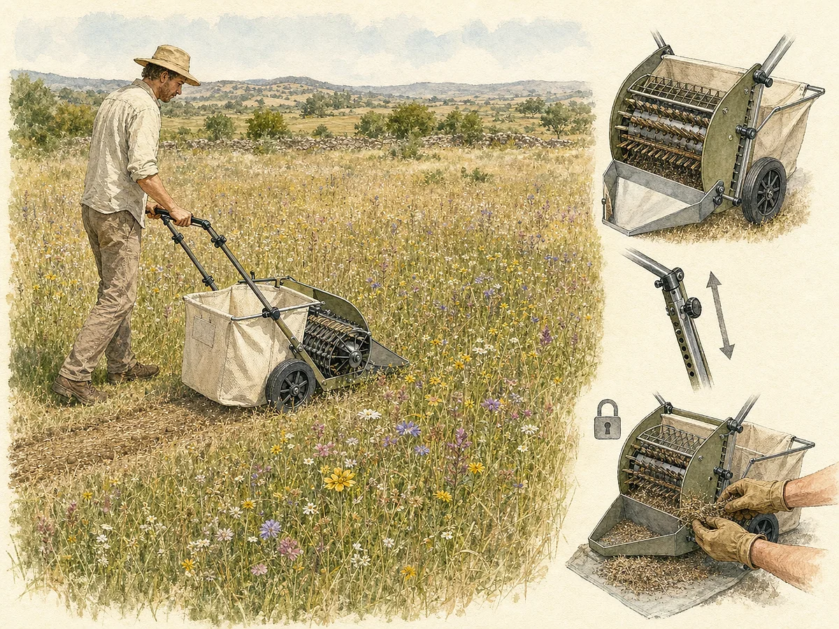 Prancha técnica de pequena colhedora manual sobre rodas com escova cilíndrica rotativa, funil coletor e saco de sementes num prado