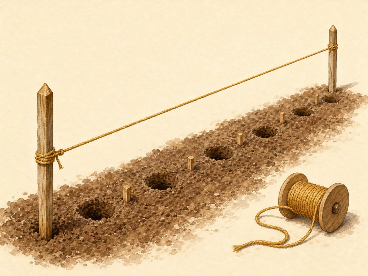 Ilustração de duas estacas de madeira com cordel esticado sobre o solo para alinhar uma sebe