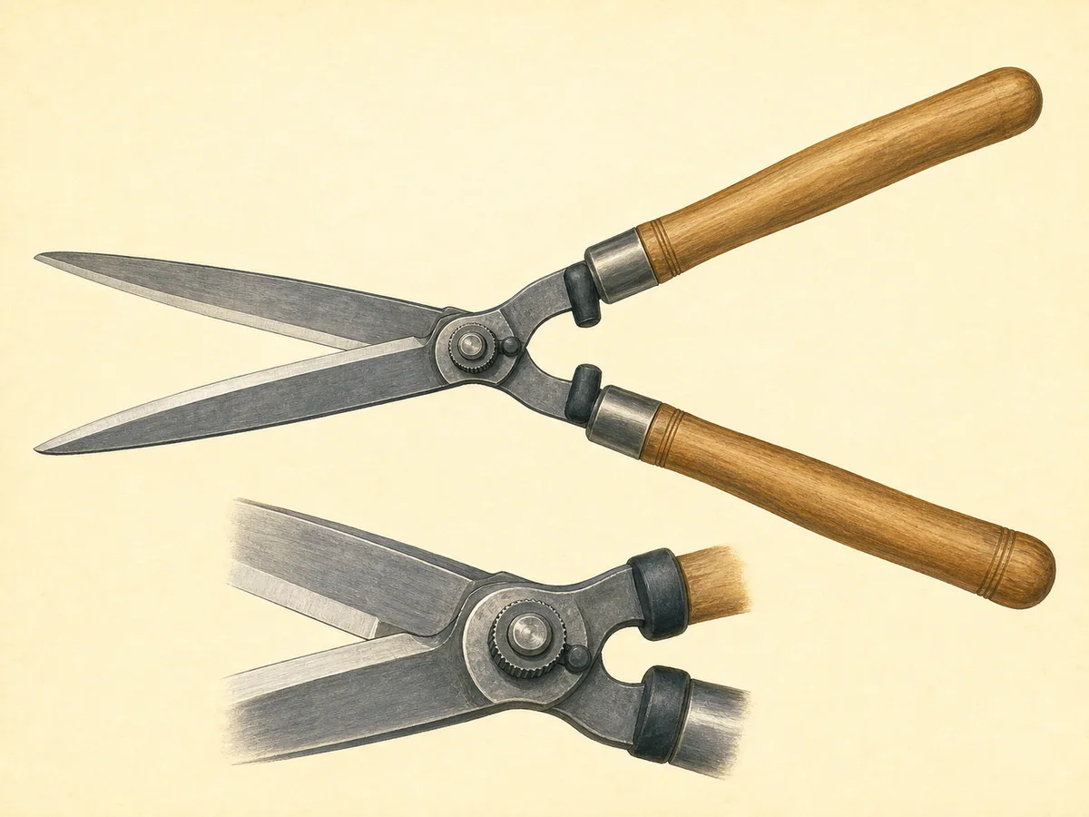 Ilustração de um corta-sebes manual com duas lâminas longas, amortecedores e cabos de madeira