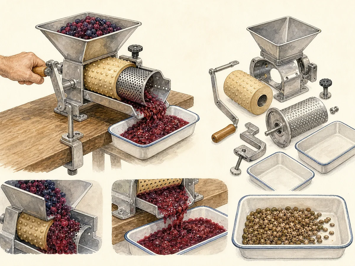 Prancha técnica de pequeno despolpador manual com tremonha, manivela, tambor de borracha, crivo, saída de polpa e recipiente separado para sementes