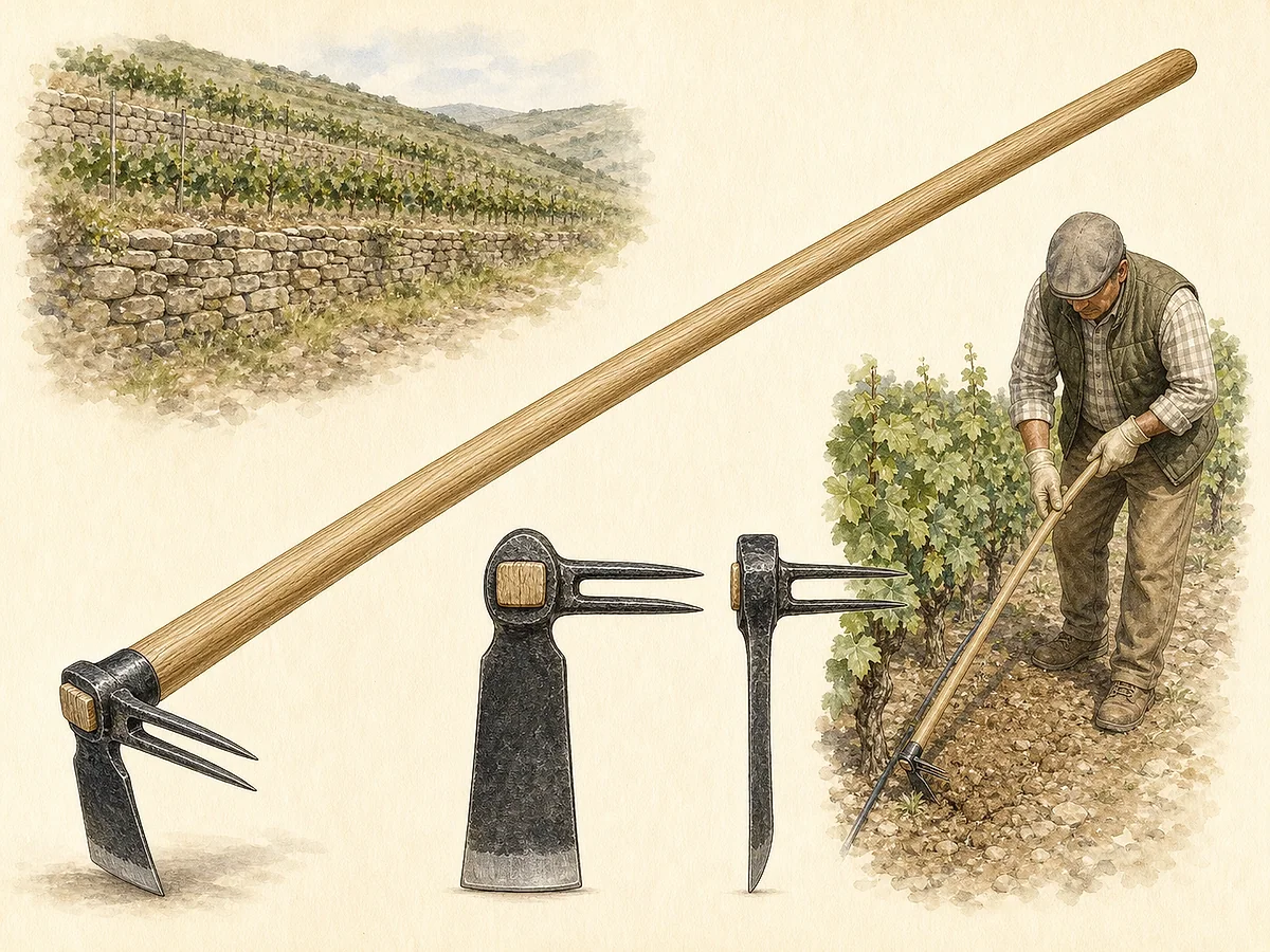Ilustração técnica de enxada vinhateira estreita com lâmina de um lado, duas pontas do outro e cabo longo de madeira