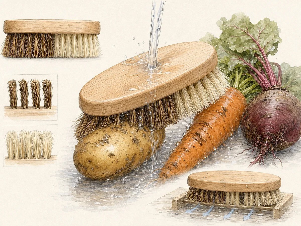 Ilustração de escova de legumes com cerdas naturais firmes, pega de madeira, raízes a serem lavadas sobre grelha e escova separada para limpeza