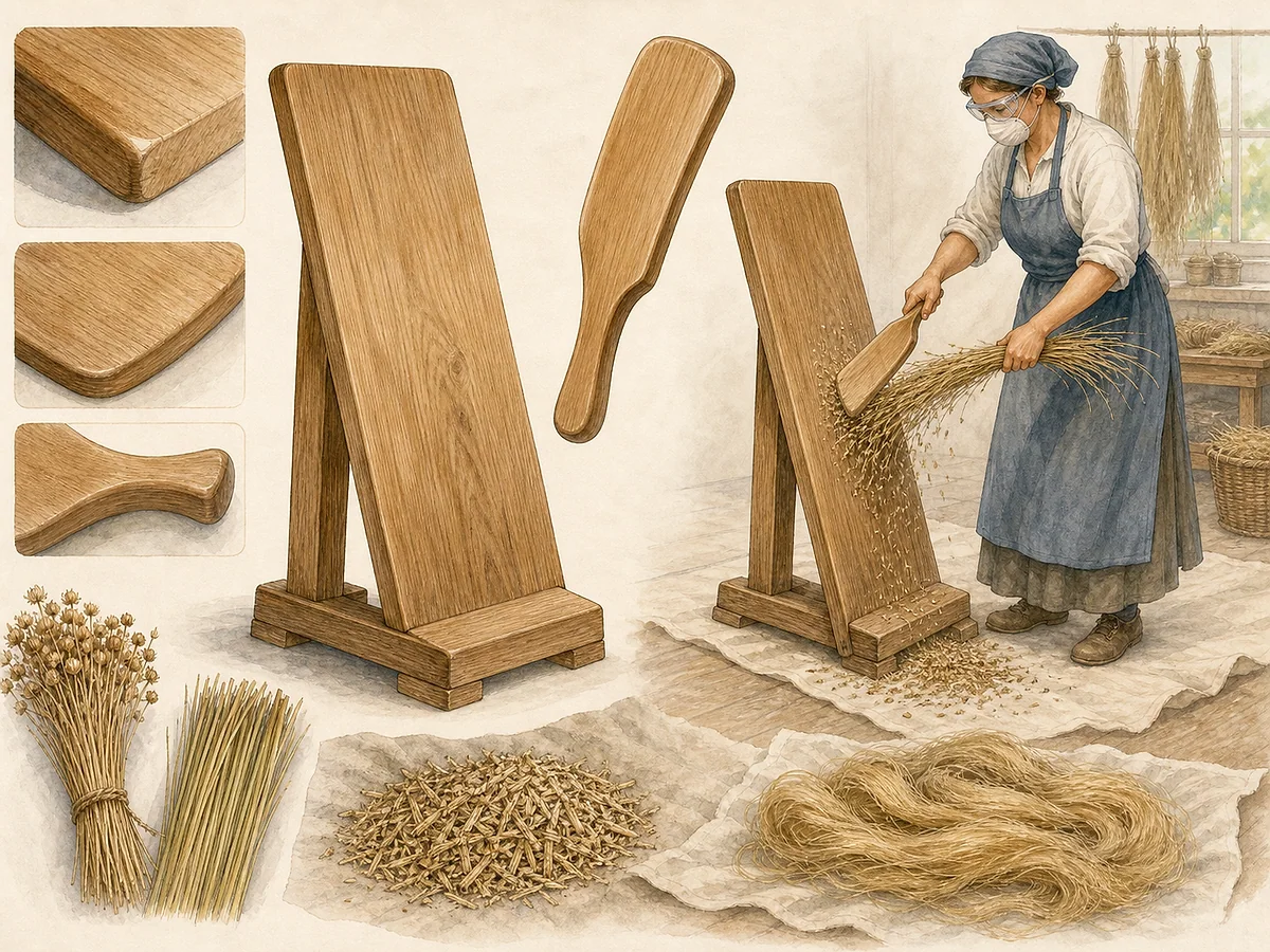 Ilustração técnica de banco vertical de espadelar com lâmina larga de madeira a bater um feixe de linho macerado, fibras e aparas contidas por lona