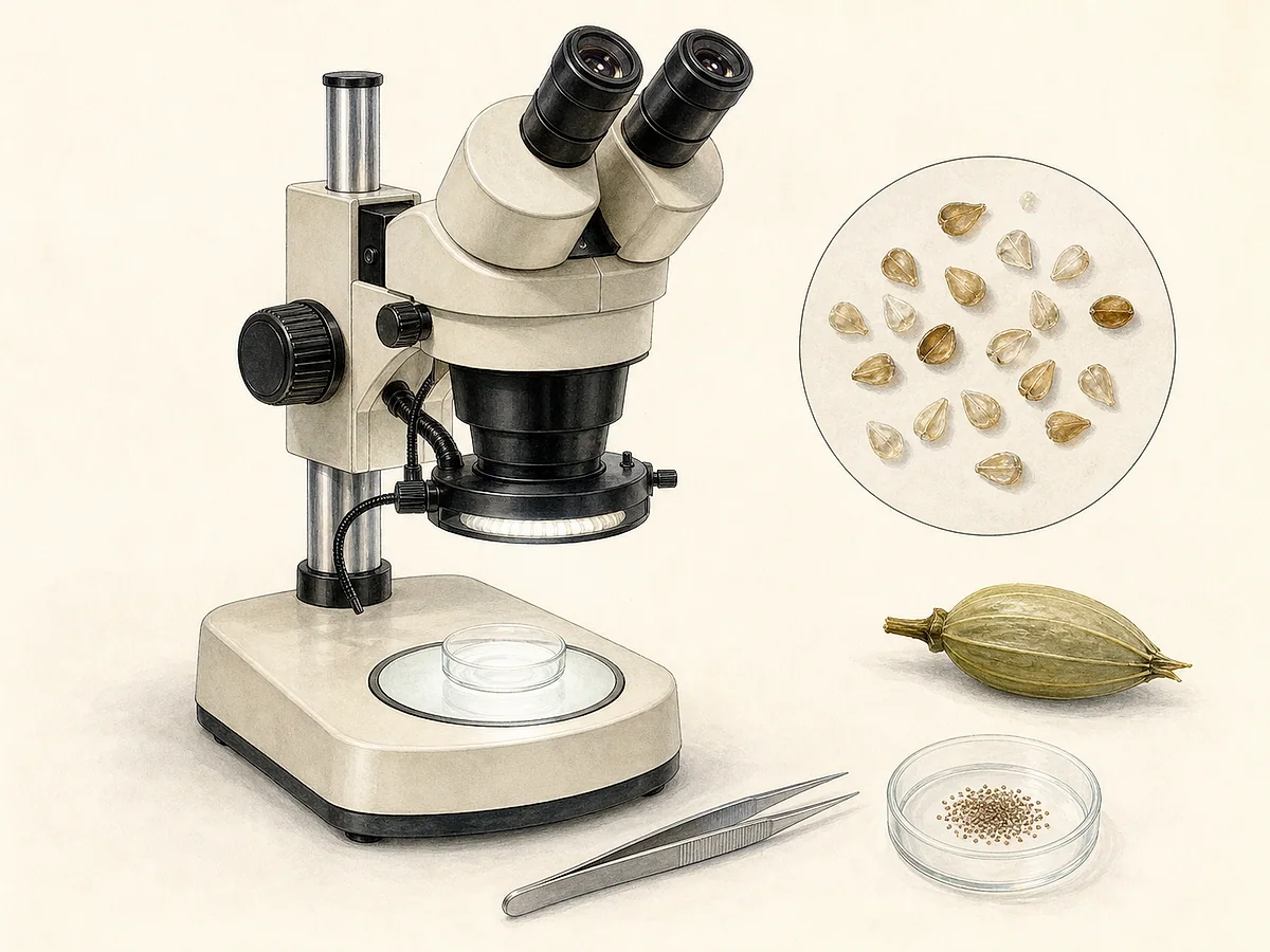 Prancha técnica de estereomicroscópio binocular com base iluminada, comando de foco, placa de contraste, cápsula de orquídea e semente minúscula observada sem danificar