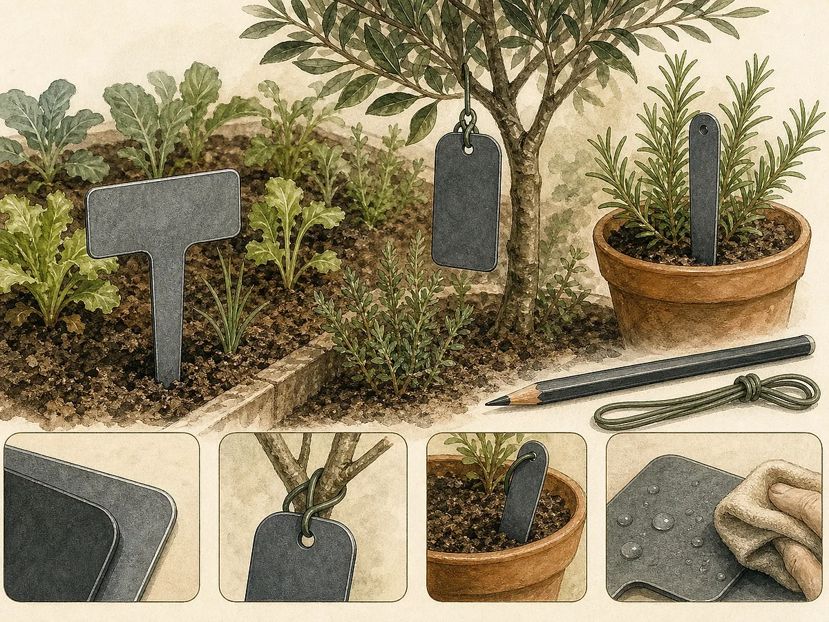 Ilustração de etiquetas reutilizáveis de jardim em diferentes materiais com lápis, marcador, laços e posições corretas junto a vasos e linhas