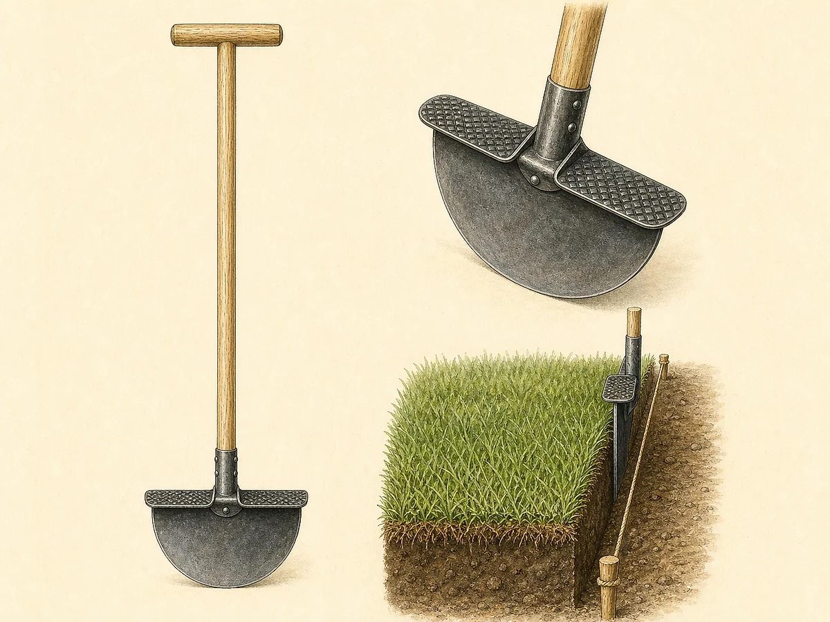 Ilustração de um ferro de bordadura com lâmina semicircular de aço, apoio superior para o pé e cabo longo em T