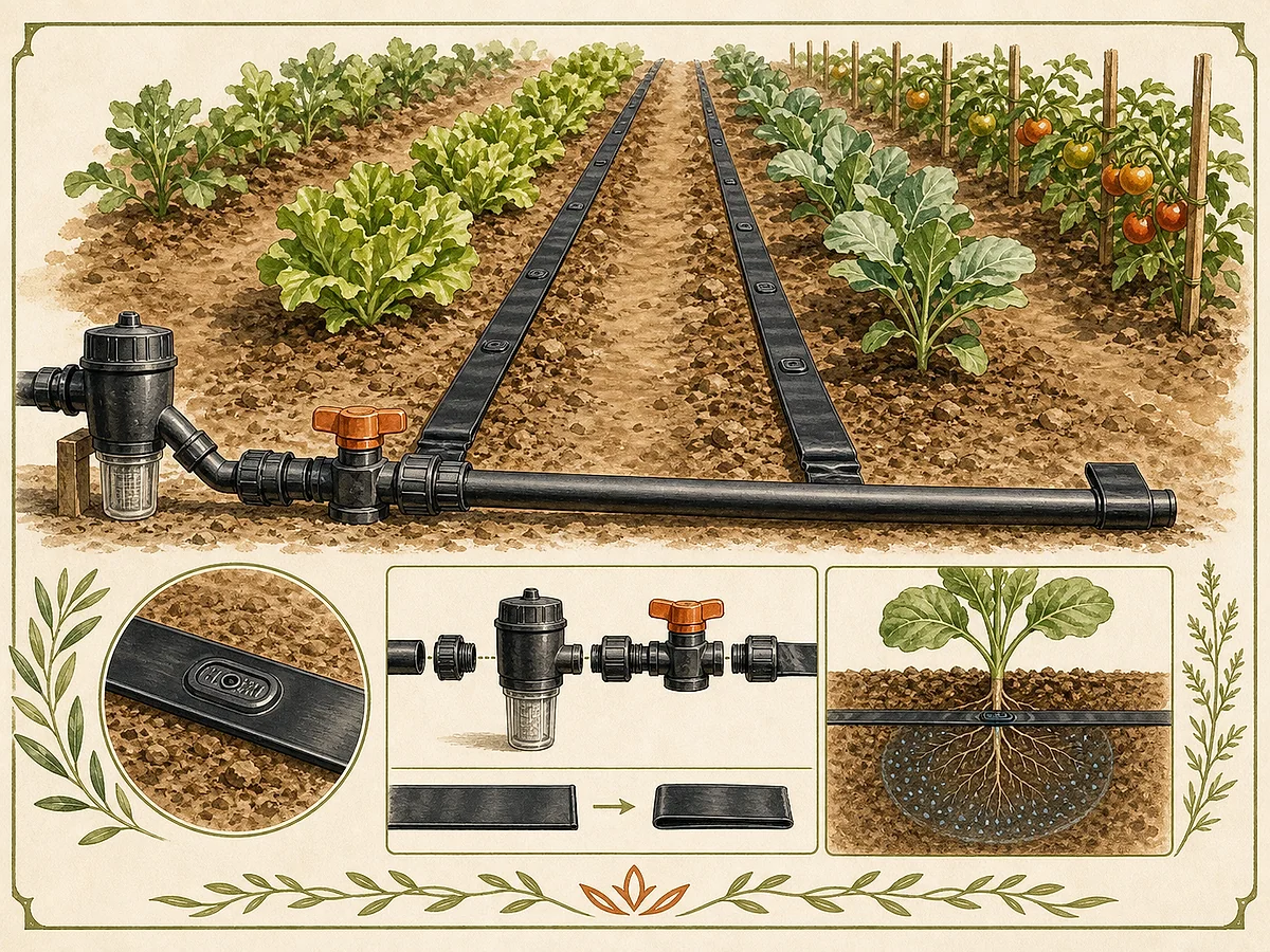 Ilustração de sistema de fita gota-a-gota com filtro, regulador de pressão, conectores, emissores em corte e linhas a regar um canteiro
