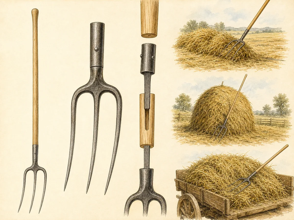 Prancha técnica de forcado leve de feno com cabo longo de madeira e três dentes finos curvos, mostrando volteio, formação de meda e carregamento