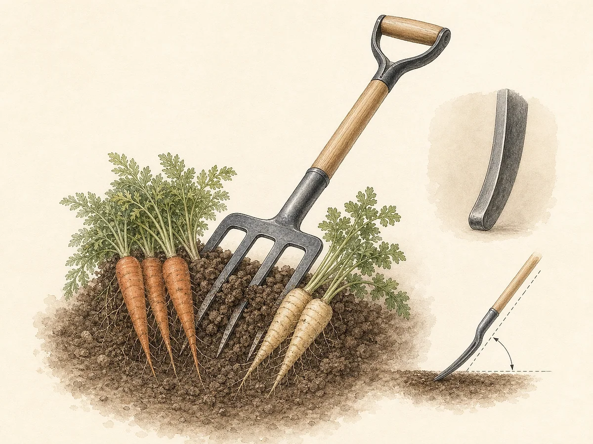 Ilustração de garfo de colheita estreito com dentes arredondados, cabo de madeira e técnica de levantar raízes e tubérculos ao lado da linha