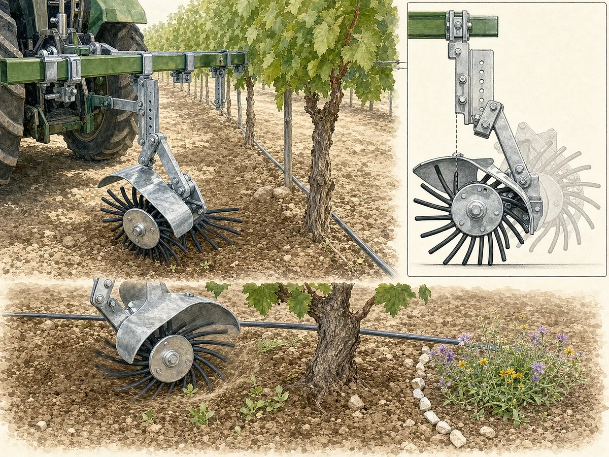 Ilustração técnica de módulo intercepas com roda de dedos flexíveis de borracha a trabalhar superficialmente junto a uma cepa sem tocar no tronco