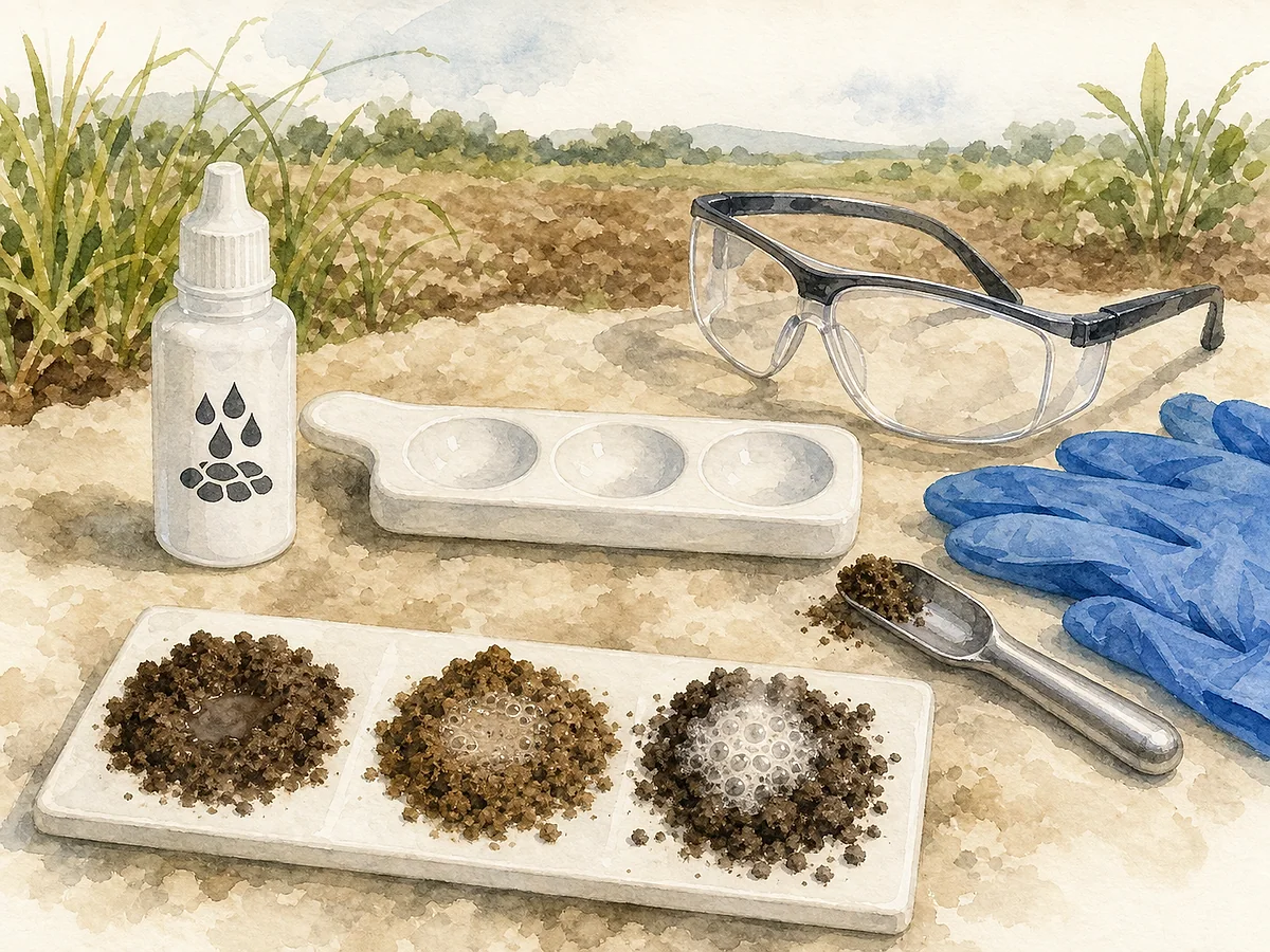 Prancha técnica de kit de campo com frasco conta-gotas rotulado por símbolo, placa de ensaio cerâmica, pequena pá, óculos, luvas e amostras de solo com diferentes efervescências