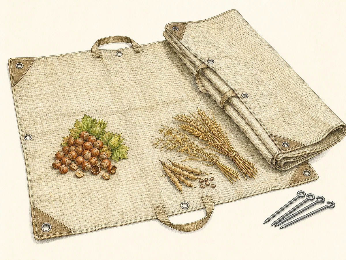 Ilustração de lona de colheita agrícola bege com cantos reforçados, ilhós, pegas, feixes de cereal e avelãs recolhidas sem contacto com o solo