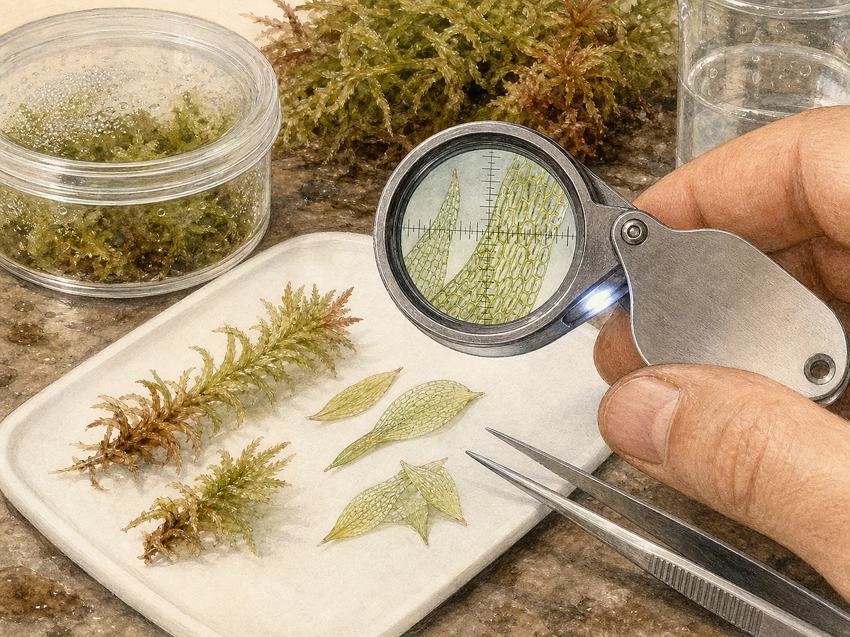 Prancha técnica de lupa de campo iluminada com retícula micrométrica, pinça fina, placa branca, cápsula húmida e observação de folhas de esfagno