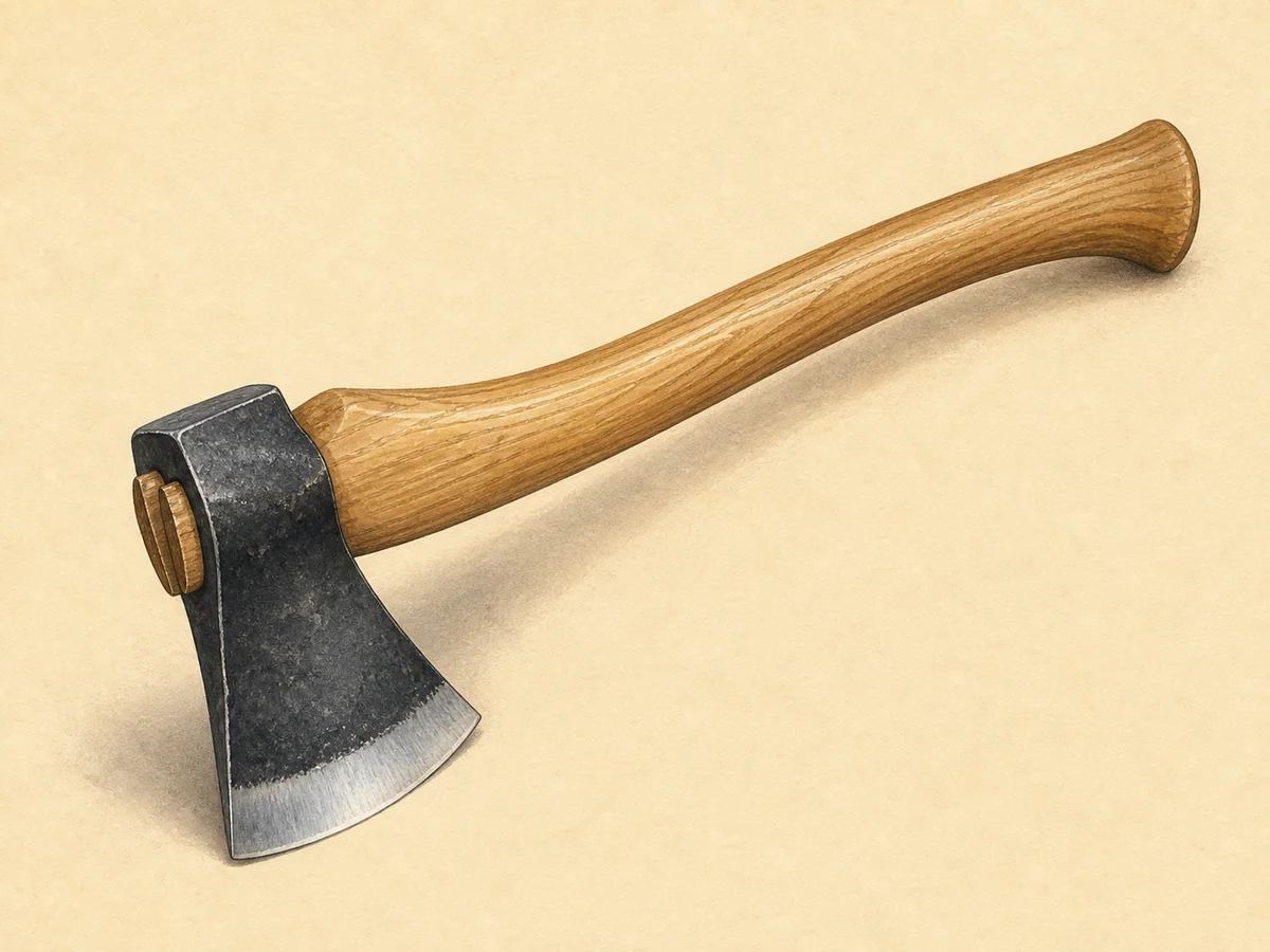 Ilustração de um machado de um gume com cabeça de aço forjado e cabo curvo de madeira