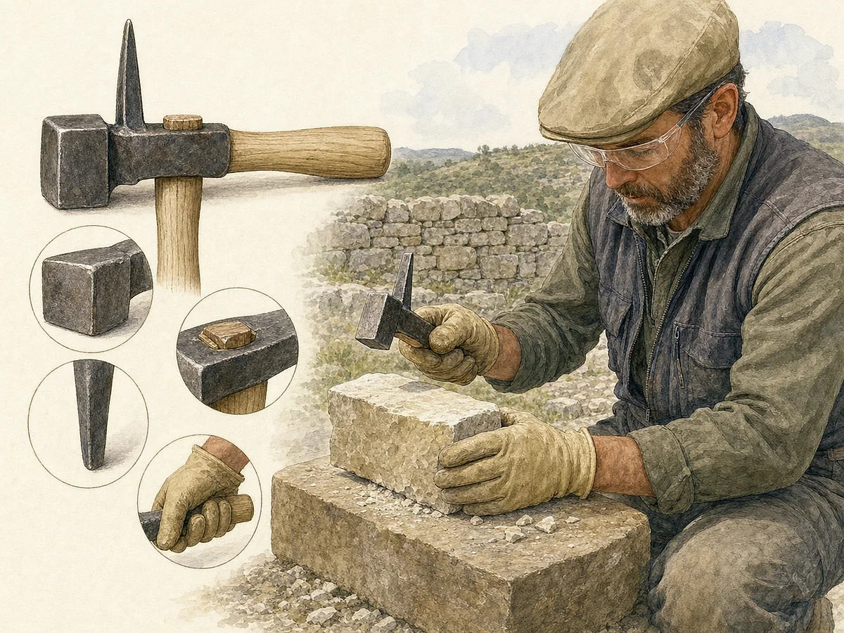 Ilustração técnica de martelo de pedra seca com face quadrada, pena vertical, cabo curto de madeira e exemplos de ajuste manual de pedra