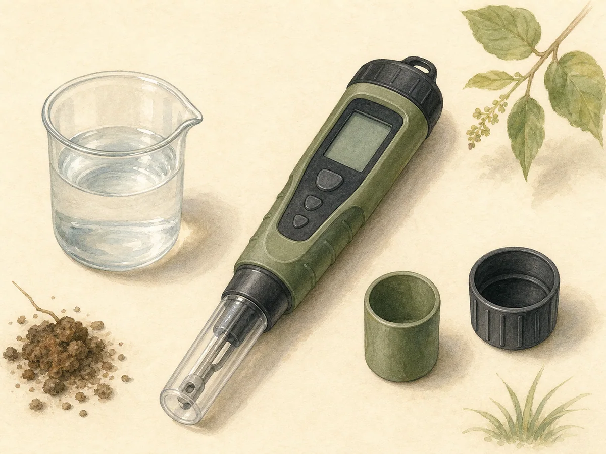 Ilustração de um medidor portátil de condutividade com sonda, tampas de calibração e copo de amostra